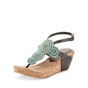 Donald J Pliner Womens Leather Turquoise Beaded Wedge Sandals Boho 9 Cottage Cor